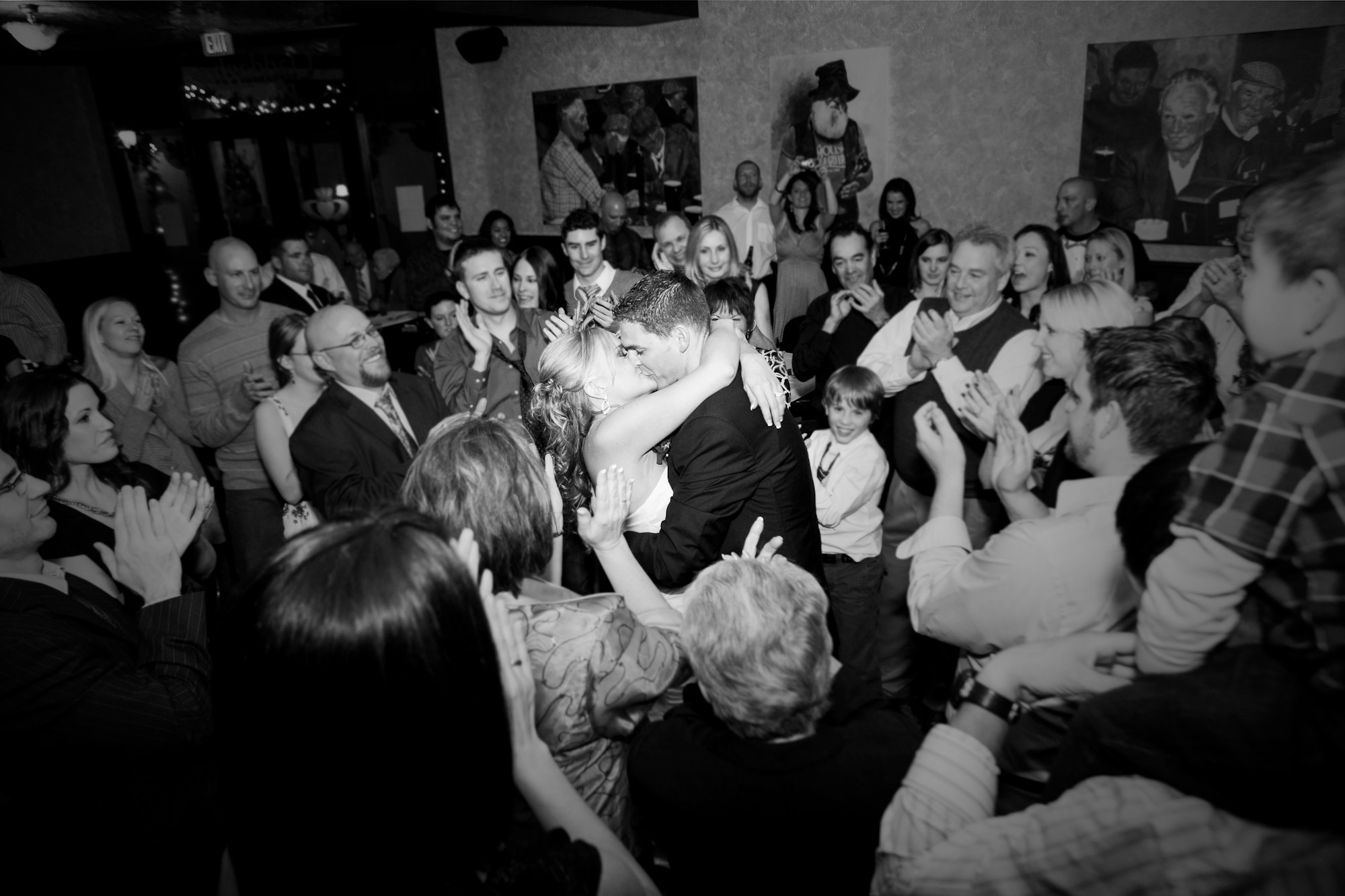 Guests dancing, photographed in black and white